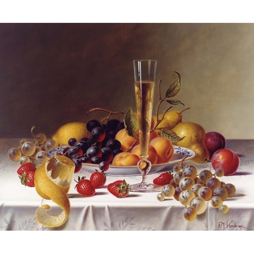 A Still Life with Champagne & Fruit on a Tablecloth